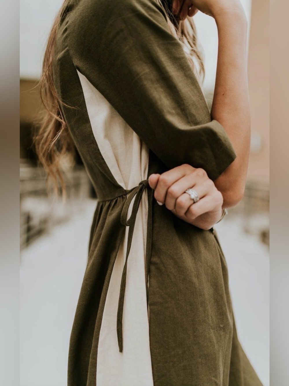 Panda Grove Olive Green & Cream Tie-Waist Dress
